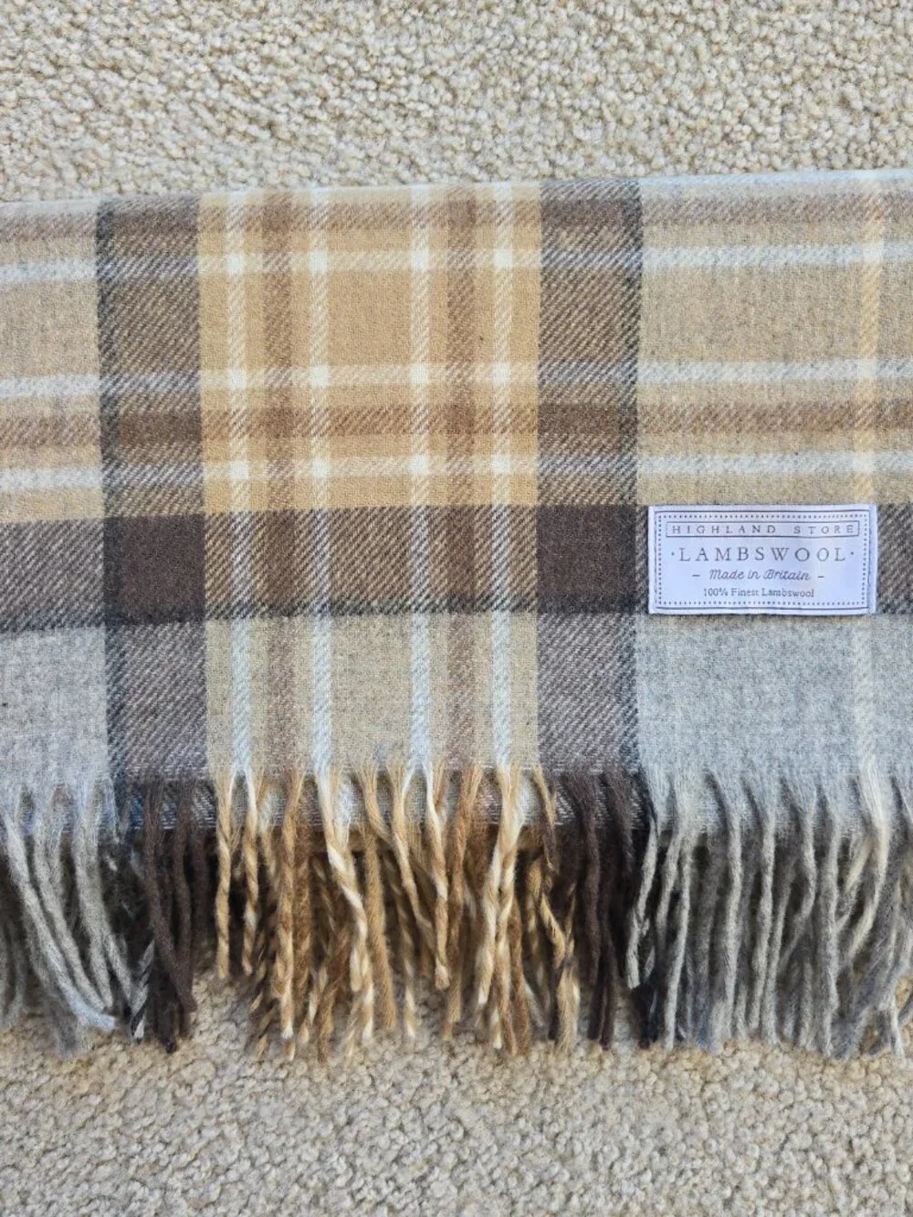 NWOT Highland Store Lambswool Scarf Tan & Grey Plaid Made in Britain